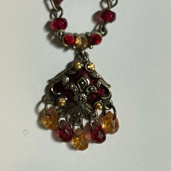 Vintage Y2K Red and Gold Beaded Necklace- Ribbon woven through chain- 18” - Picture 2 of 5